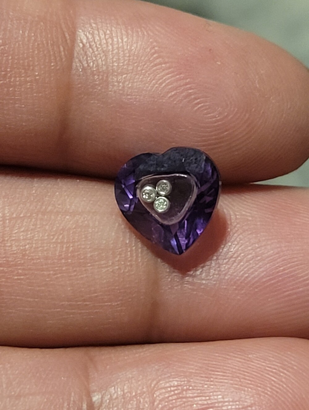 Natural Amethyst Heart Gem W/3 Natural Diamonds